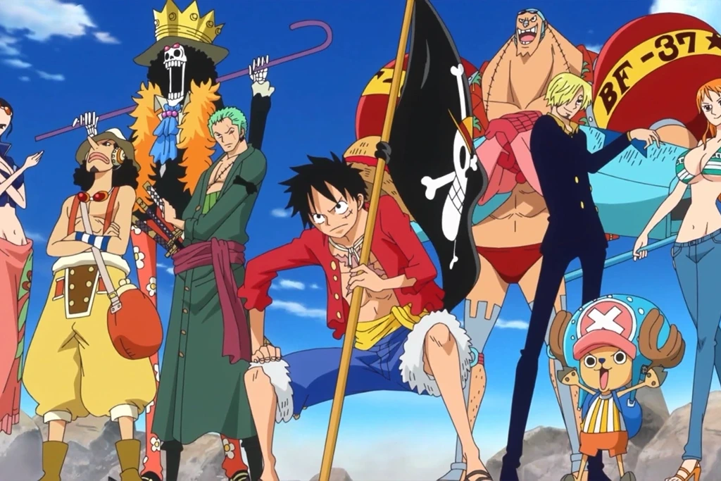 luffy holding a flag while his friends are in the back