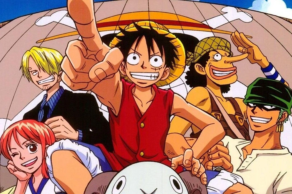 luffy pointing forward with his friends on the background